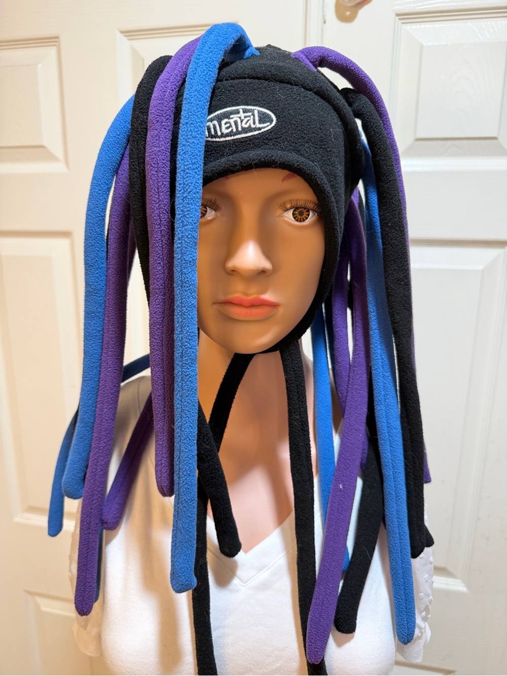 VTG Mental Headgear Fleece Dreadlock Hat Blue Purple Beanie 90s Y2K Rave Ski